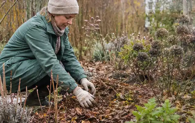Person verteilt eine schützende Mulchschicht zwischen winterlichen Stauden; Thema Tulpen, Schwerpunkt Düngung; Praxisalltag.