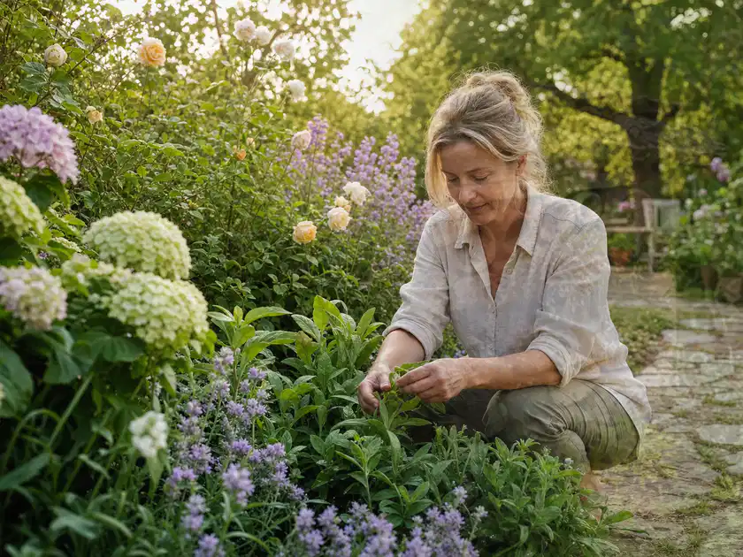 Person pflegt üppige Pflanzen in einem natürlich beleuchteten Garten; Thema Tulpen, Schwerpunkt Einsteigerwissen; Titelbild.
