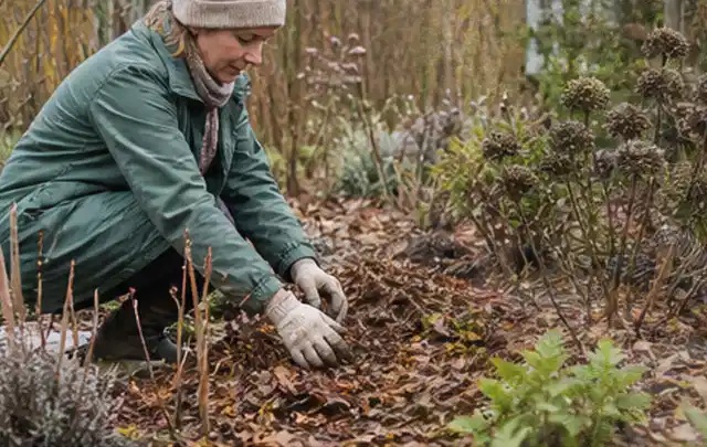 Person verteilt eine schützende Mulchschicht zwischen winterlichen Stauden; Thema Tulpen, Schwerpunkt Einsteigerwissen; Kontrolle.
