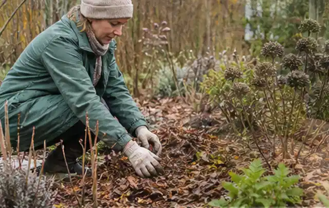 Person verteilt eine schützende Mulchschicht zwischen winterlichen Stauden; Thema Tulpen, Schwerpunkt Fehlerhilfe; Kontrolle.