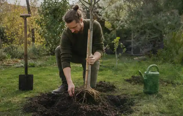 Person setzt einen jungen Zierbaum in ein vorbereitetes Pflanzloch im Garten; Thema Tulpen, Schwerpunkt Fehlerhilfe; Praxisalltag.
