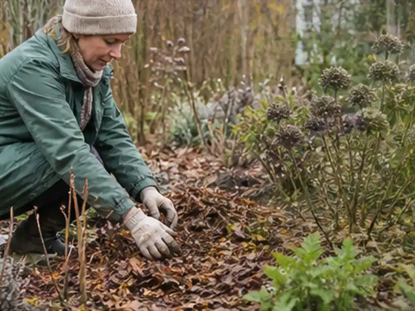 Person verteilt eine schützende Mulchschicht zwischen winterlichen Stauden; Thema Tulpen, Schwerpunkt Jahrespflege; Titelbild.
