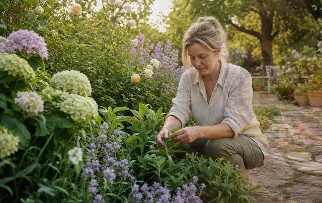 Person pflegt üppige Pflanzen in einem natürlich beleuchteten Garten; Thema Tulpen, Schwerpunkt Jahrespflege; Kontrolle.