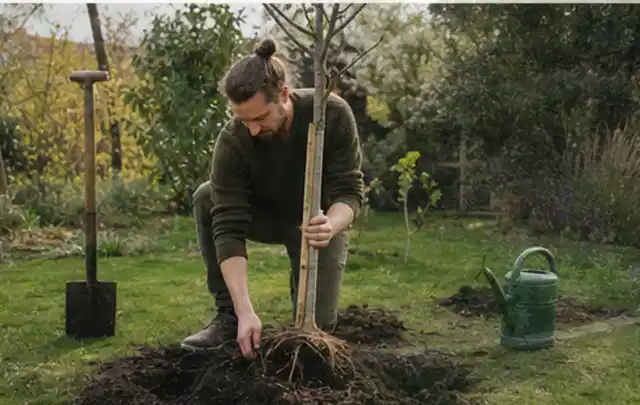 Person setzt einen jungen Zierbaum in ein vorbereitetes Pflanzloch im Garten; Thema Tulpen, Schwerpunkt Jahrespflege; Ergebnis.