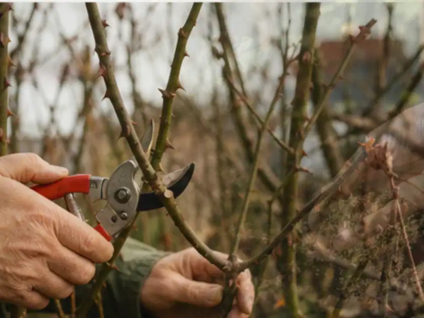 Hände schneiden einen älteren Rosenstrauch mit einer sauberen Gartenschere; Thema Tulpen, Schwerpunkt Kaufberatung; Titelbild.