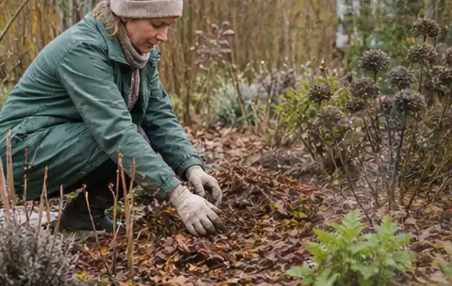 Person verteilt eine schützende Mulchschicht zwischen winterlichen Stauden; Thema Tulpen, Schwerpunkt Kaufberatung; Praxisalltag.