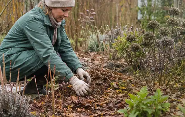 Person verteilt eine schützende Mulchschicht zwischen winterlichen Stauden; Thema Tulpen, Schwerpunkt Pflanzengesundheit; Umsetzung.