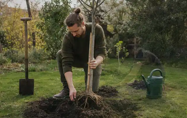 Person setzt einen jungen Zierbaum in ein vorbereitetes Pflanzloch im Garten; Thema Tulpen, Schwerpunkt Pflanzenschutz; Praxisalltag.