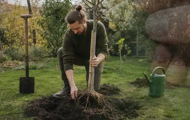Person setzt einen jungen Zierbaum in ein vorbereitetes Pflanzloch im Garten; Thema Tulpen, Schwerpunkt Pflanzpartner; Ausgangslage.