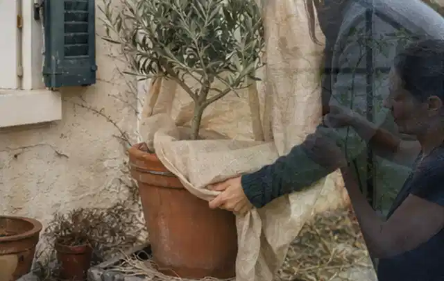 Person umhüllt eine mediterrane Kübelpflanze mit atmungsaktivem Winterschutz; Thema Tulpen, Schwerpunkt Pflanzpartner; Umsetzung.