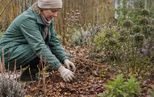 Person verteilt eine schützende Mulchschicht zwischen winterlichen Stauden; Thema Tulpen, Schwerpunkt Rückschnitt; Ergebnis.