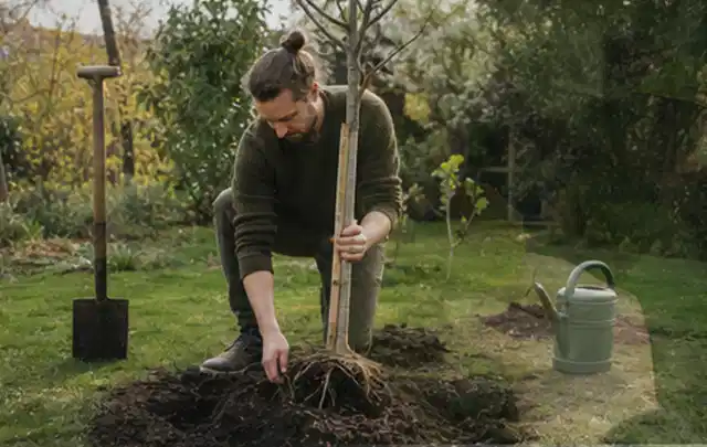 Person setzt einen jungen Zierbaum in ein vorbereitetes Pflanzloch im Garten; Thema Tulpen, Schwerpunkt Sortenwahl; Kontrolle.