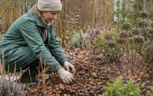 Person verteilt eine schützende Mulchschicht zwischen winterlichen Stauden; Thema Tulpen, Schwerpunkt Standort; Praxisalltag.