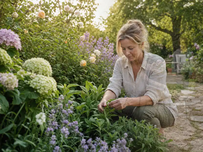Person pflegt üppige Pflanzen in einem natürlich beleuchteten Garten; Thema Tulpen, Schwerpunkt Topfkultur; Titelbild.