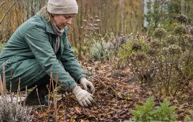 Person verteilt eine schützende Mulchschicht zwischen winterlichen Stauden; Thema Tulpen, Schwerpunkt Topfkultur; Kontrolle.