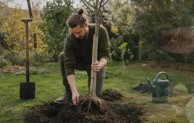 Person setzt einen jungen Zierbaum in ein vorbereitetes Pflanzloch im Garten; Thema Tulpen, Schwerpunkt Topfkultur; Praxisalltag.