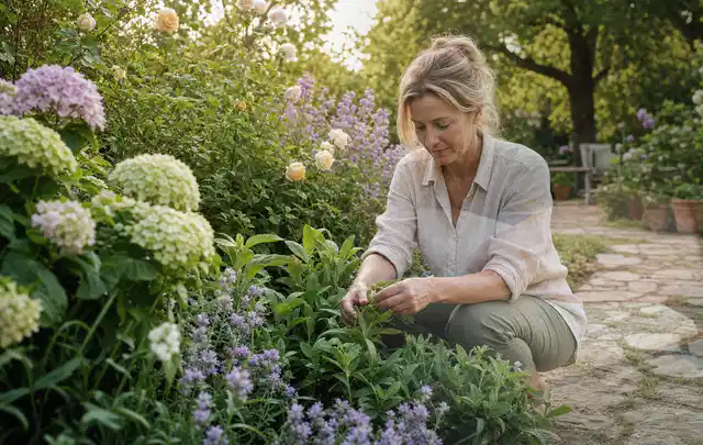 Person pflegt üppige Pflanzen in einem natürlich beleuchteten Garten; Thema Tulpen, Schwerpunkt Wachstum; Praxisalltag.