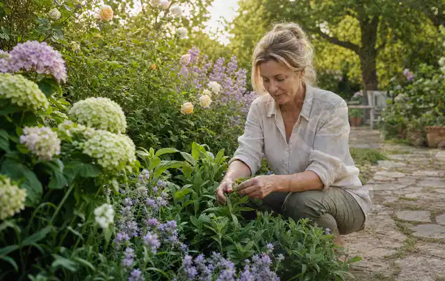 Person pflegt üppige Pflanzen in einem natürlich beleuchteten Garten; Thema Tulpen, Schwerpunkt Winterpflege; Ergebnis.