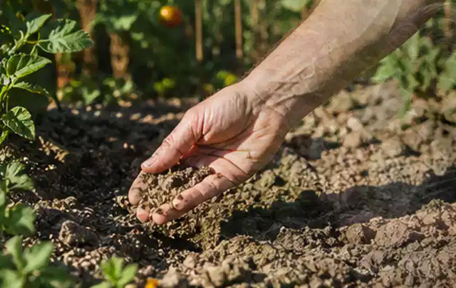 Hand prüft trockene krümelige Gartenerde während einer warmen Sommerphase; Thema Unkraut, Schwerpunkt Rasen; Kontrolle.