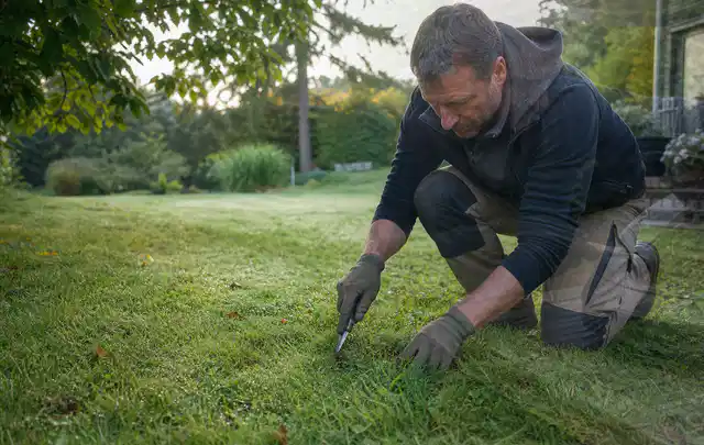 Person prüft den Boden einer gepflegten Rasenfläche im Garten; Thema Unkraut, Schwerpunkt Rasen; Ergebnis.