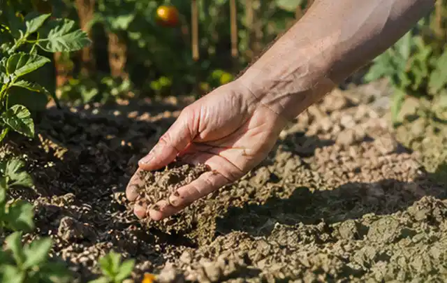Hand prüft trockene krümelige Gartenerde während einer warmen Sommerphase; Thema Versenkregner, Schwerpunkt Anwendung; Ergebnis.