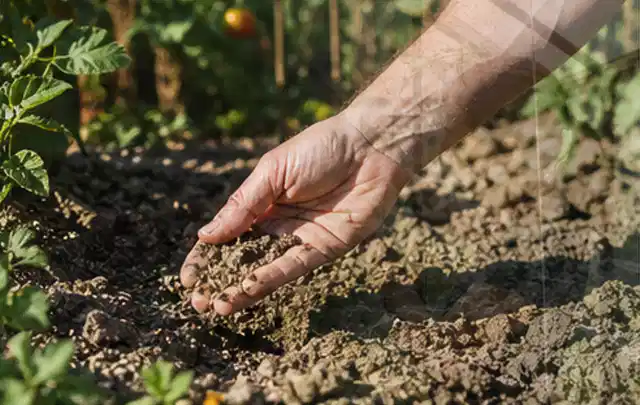 Hand prüft trockene krümelige Gartenerde während einer warmen Sommerphase; Thema Versenkregner, Schwerpunkt Bewässerung; Ergebnis.