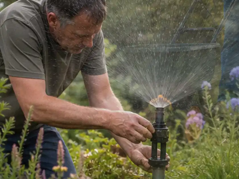 Person richtet einen laufenden Gartensprenger zwischen Stauden präzise aus; Thema Versenkregner, Schwerpunkt Checkliste; Titelbild.