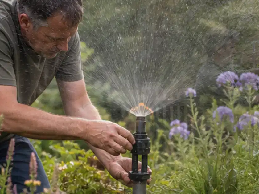 Person richtet einen laufenden Gartensprenger zwischen Stauden präzise aus; Thema Versenkregner, Schwerpunkt Dimensionierung; Titelbild.
