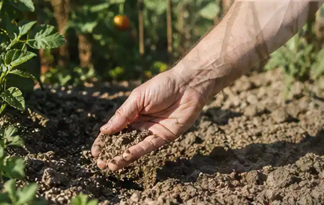 Hand prüft trockene krümelige Gartenerde während einer warmen Sommerphase; Thema Versenkregner, Schwerpunkt Dimensionierung; Ergebnis.