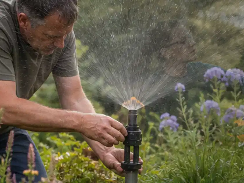 Person richtet einen laufenden Gartensprenger zwischen Stauden präzise aus; Thema Versenkregner, Schwerpunkt Ersatzteile; Titelbild.