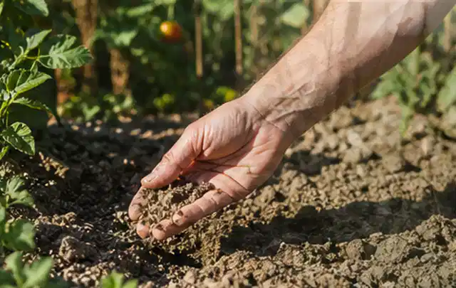 Hand prüft trockene krümelige Gartenerde während einer warmen Sommerphase; Thema Versenkregner, Schwerpunkt Ersatzteile; Umsetzung.