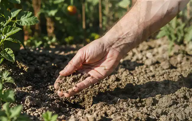 Hand prüft trockene krümelige Gartenerde während einer warmen Sommerphase; Thema Versenkregner, Schwerpunkt Gärten mit großer Fläche; Ergebnis.
