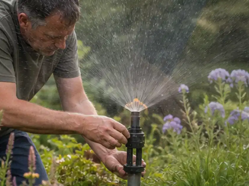 Person richtet einen laufenden Gartensprenger zwischen Stauden präzise aus; Thema Versenkregner, Schwerpunkt Kaufberatung; Titelbild.