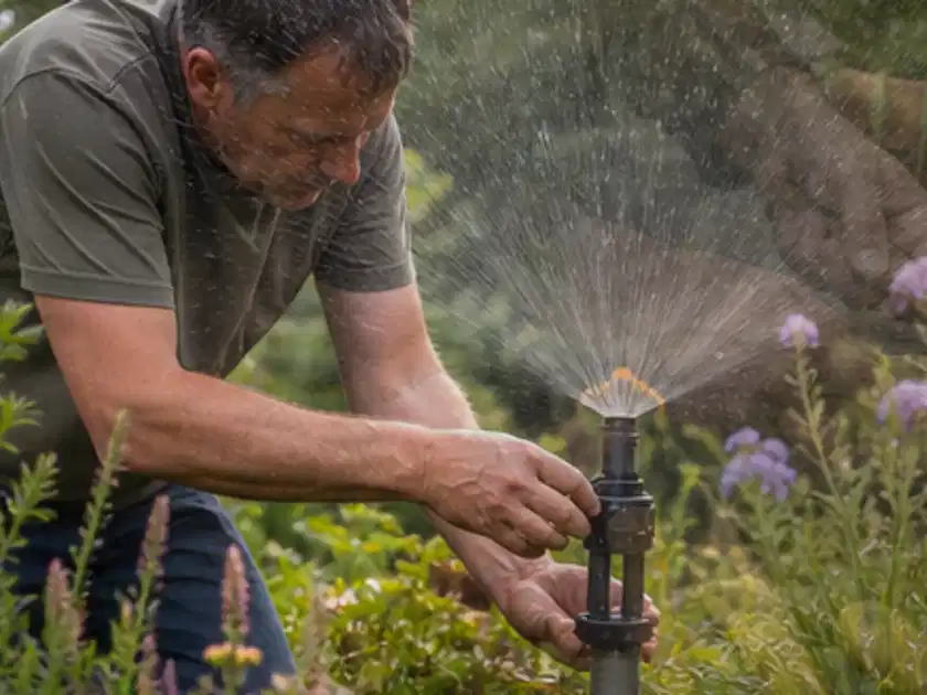 Person richtet einen laufenden Gartensprenger zwischen Stauden präzise aus; Thema Versenkregner, Schwerpunkt Kosten; Titelbild.