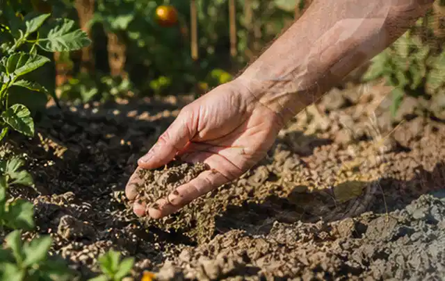 Hand prüft trockene krümelige Gartenerde während einer warmen Sommerphase; Thema Versenkregner, Schwerpunkt Kosten; Umsetzung.