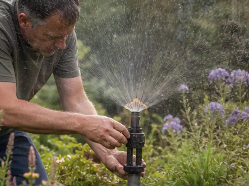 Person richtet einen laufenden Gartensprenger zwischen Stauden präzise aus; Thema Versenkregner, Schwerpunkt Nachhaltigkeit; Titelbild.
