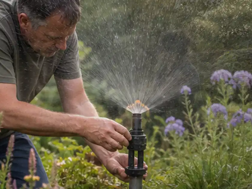 Person richtet einen laufenden Gartensprenger zwischen Stauden präzise aus; Thema Versenkregner, Schwerpunkt Reinigung; Titelbild.