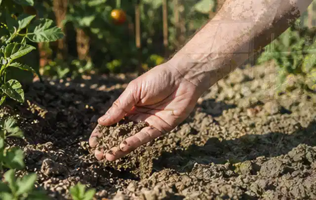 Hand prüft trockene krümelige Gartenerde während einer warmen Sommerphase; Thema Versenkregner, Schwerpunkt Reinigung; Umsetzung.