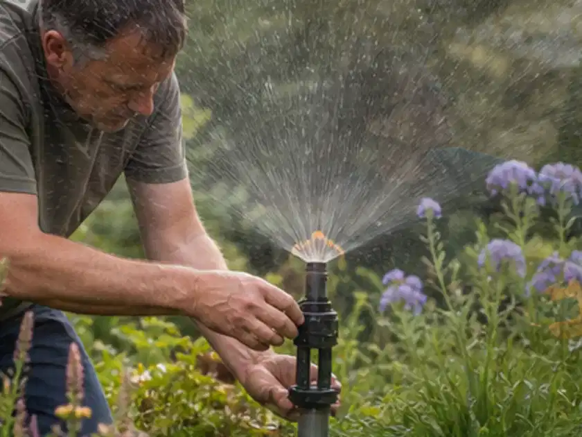 Person richtet einen laufenden Gartensprenger zwischen Stauden präzise aus; Thema Versenkregner, Schwerpunkt Reparatur; Titelbild.