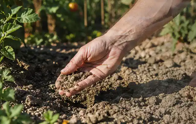 Hand prüft trockene krümelige Gartenerde während einer warmen Sommerphase; Thema Versenkregner, Schwerpunkt Reparatur; Ergebnis.