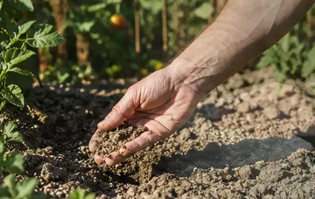Hand prüft trockene krümelige Gartenerde während einer warmen Sommerphase; Thema Versenkregner, Schwerpunkt Sicherheit; Kontrolle.