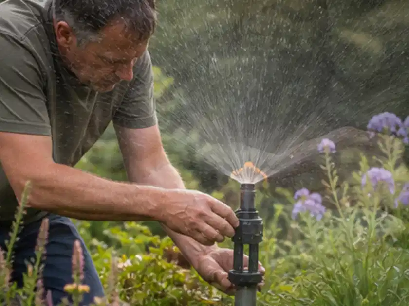 Person richtet einen laufenden Gartensprenger zwischen Stauden präzise aus; Thema Versenkregner, Schwerpunkt Testkriterien; Titelbild.