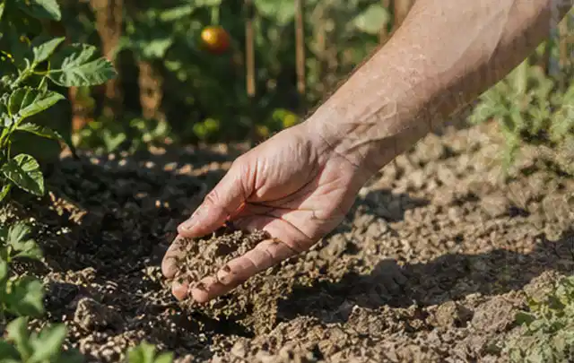 Hand prüft trockene krümelige Gartenerde während einer warmen Sommerphase; Thema Versenkregner, Schwerpunkt Testkriterien; Praxisalltag.