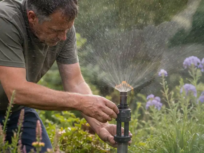 Person richtet einen laufenden Gartensprenger zwischen Stauden präzise aus; Thema Versenkregner, Schwerpunkt Vergleich; Titelbild.