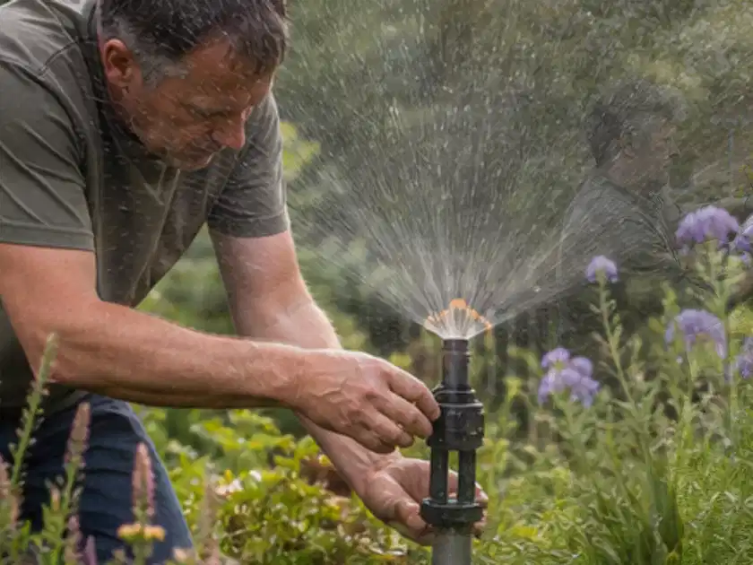 Person richtet einen laufenden Gartensprenger zwischen Stauden präzise aus; Thema Versenkregner, Schwerpunkt Wartung; Titelbild.