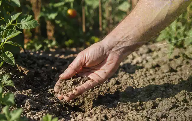 Hand prüft trockene krümelige Gartenerde während einer warmen Sommerphase; Thema Versenkregner, Schwerpunkt Wartung; Ausgangslage.