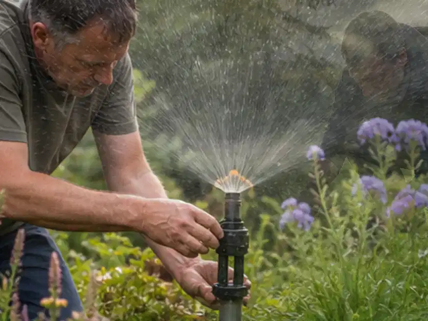 Person richtet einen laufenden Gartensprenger zwischen Stauden präzise aus; Thema Versenkregner, Schwerpunkt Winterlager; Titelbild.