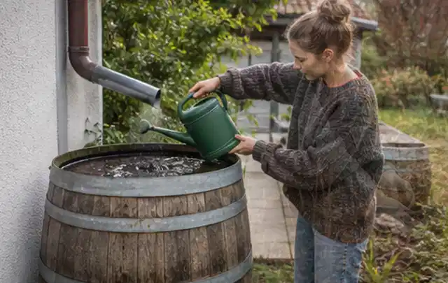 Person kontrolliert ein gefülltes Regenfass unter einem Fallrohr am Haus; Thema Versenkregner, Schwerpunkt Winterlager; Ergebnis.