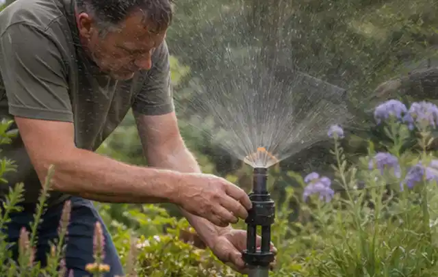Person richtet einen laufenden Gartensprenger zwischen Stauden präzise aus; Thema Vertikutieren, Schwerpunkt Rasen; Ergebnis.