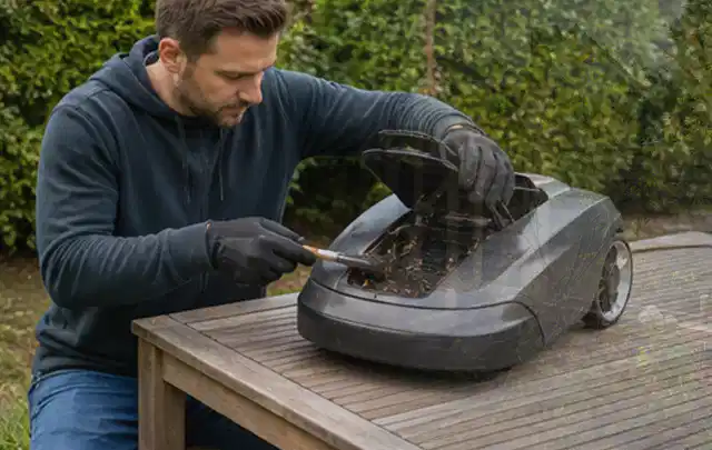 Person wartet einen geöffneten Mähroboter auf einem stabilen Gartentisch; Thema Vertikutierer, Schwerpunkt Bestenliste; Ausgangslage.